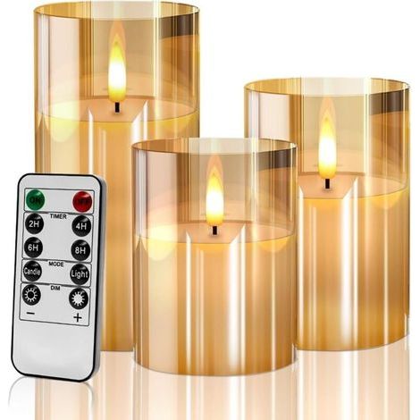 Flameless LED Candles, Realistic Flashing LED Flame Effects with Remote Control and Timer, Wedding Decoration, Parties, Indoor and Outdoor Use, (3 PCS Candles 4"/5"/6") - Gold [Energy Class A] (1/5)