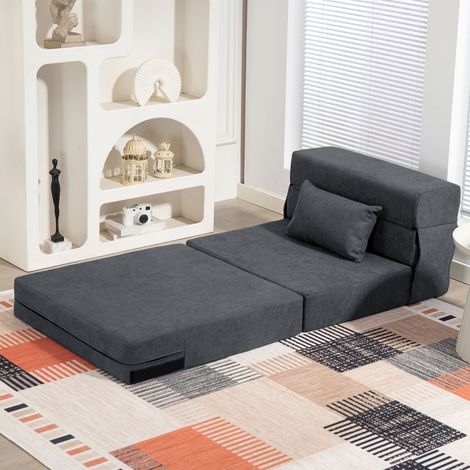 Sillón cama 3 en 1 plegable, convertible en sofá de suelo, chaise longue y colchón, con cojín, espuma, gris oscuro (1/5)