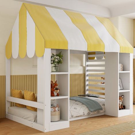 Kinderbett Landhausstil 90x200 cm mit Himmelbett und Stauraum, Hausbett weiß mit Holzrahmen, Kinderzimmer Bett mit offenen Regalen (1/5)