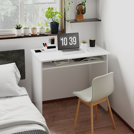 Bureau informatique compact 90x50x74cm blanc laqué