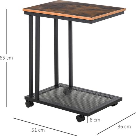 Table d'appoint HOMCOM en forme de C, chariot à roulettes, desserte, table pour ordinateur portable, table basse, table de chevet, table de nuit avec structure en métal, design industriel, noir et fin (1/5)