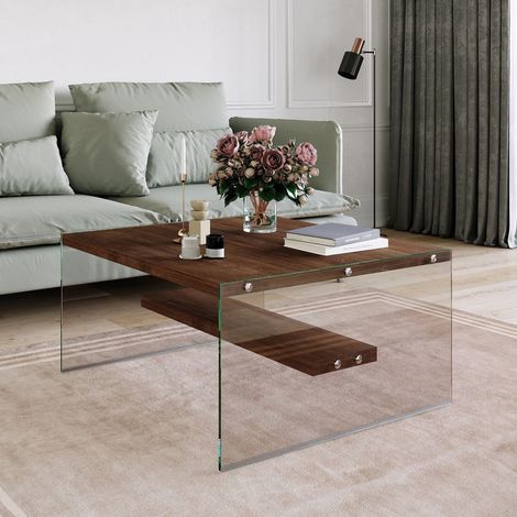 Table basse 75x75x40 cm en verre et bois massif noyer -NIA (1/4)