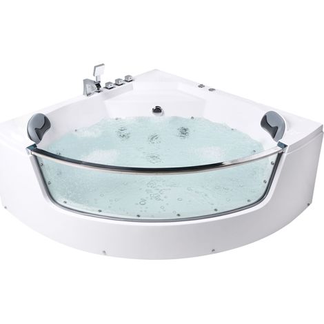 Baignoire d'Angle en Acrylique et Acier Inoxydable 210 x 148 cm avec Hydromassage LED et Appui-Tête Blanche Tamula (1/5)