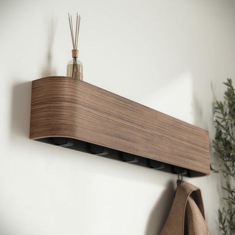 Appendiabiti a muro con gancio nascosto e portachiavi, ripiano in legno di noce (1/5)