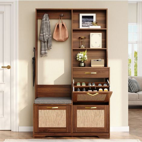 Mobile ingresso con panca, scarpiera a 3 ribalte, appendiabiti, MDF noce, OKWISH (1/5)