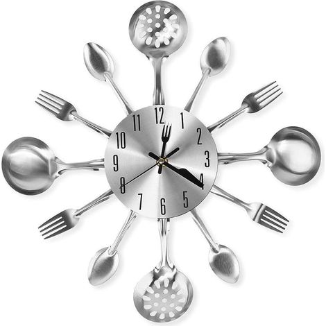 Horloge murale cuisine 14 pouces en forme de couverts fourchette et cuillère, décoration murale argentée pour maison et resto (1/3)