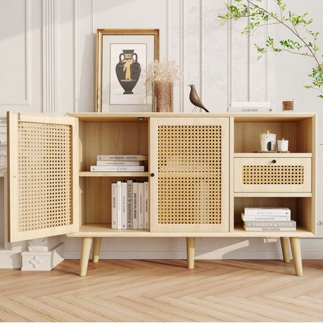 Credenza in MDF colore rovere con 1 cassetto, 2 ante magnetiche e ripiani regolabili, 120 x 40 x 80 cm (1/5)