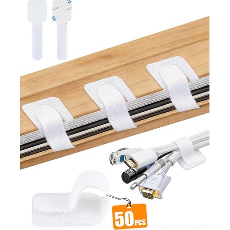 Lot de 50 attaches de câbles noires à scratch, réglables et auto-adhésives, réutilisables – Organisateur de câbles pour bureau, TV, PC et espace de travail à domicile (1/5)