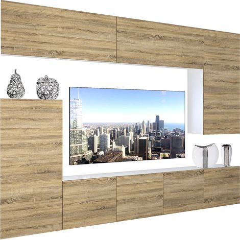 Belini – Ensemble meuble TV avec éclairage LED – Dimensions 250 x 180 x 36 cm – Finition chêne Sonoma – Matériau panneaux de particules 16 mm (1/5)