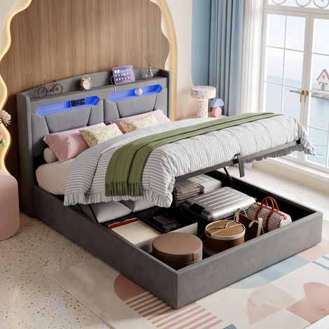 Lit Coffre Double 140x190 cm avec LED et USB, Sommier à Lattes, Tête de Lit avec Rangement, Tissu en Lin Gris, Style Moderne (1/5)
