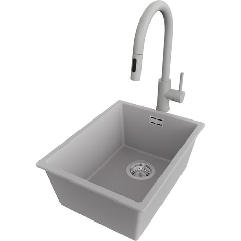 PRIMAGRAN Evier Cuisine en Granit 36x47cm,Lavabo 1 bac + Robinet 40x20cm + Kit de Vidage, Évier à Encastrer au meuble 40cm - London Slim, Gris (1/5)