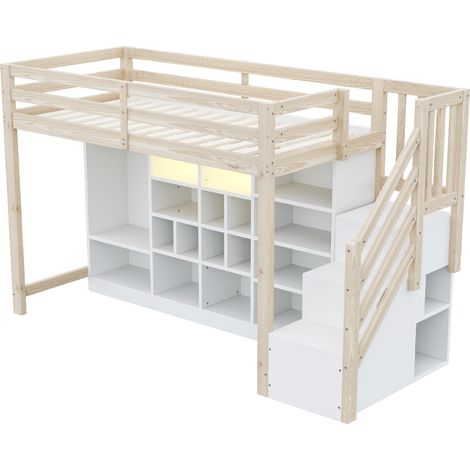 Lit mezzanine 90x200 bois avec armoire rangement LED échelle naturel