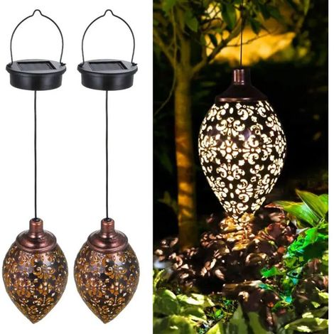 Conjunto de dos faroles solares de exterior IP44 con encendido automático para iluminar patios y jardines - Crezuo