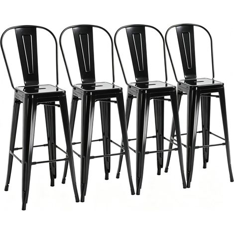 CHICFURN Set de 4 taburetes de bar apilables negros con respaldo desmontable, reposapiés y estructura de metal, estilo industrial para cocina, barra o comedor (1/5)