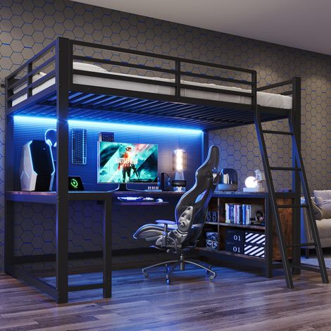 Hochbett 120x200 cm Metall/MDF Schwarz-Vintage mit LED-Schreibtisch, ohne Matratze – MEUBLIV (1/5)
