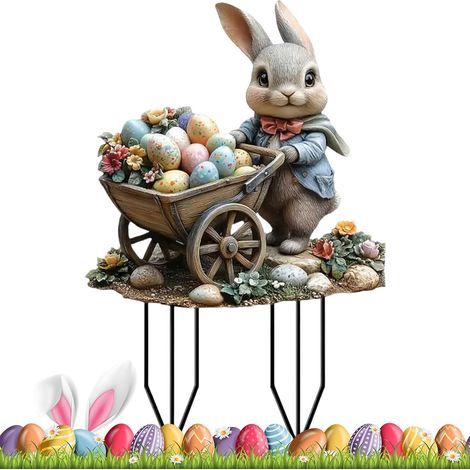 2 Gartenstecker, Osterhase, wasserfestes Acryl, Außendekoration, für Rasen, Garten, Hof (1/5)