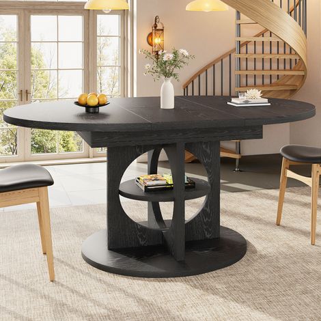 Table extensible avec rangement, 110-150 cm, effet bois noir, charge max 60 kg, forme ronde à ovale (1/5)