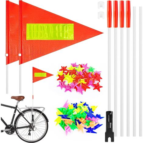 2 Pièces Drapeau de Vélo, Drapeau pour Remorque vélo, Fanion de Vélo, Petit Drapeau Réfléchissant, avec 6 Mât de Drapeau, 71 Perles Rayons Velo pour Remorque, Camions (1/5)