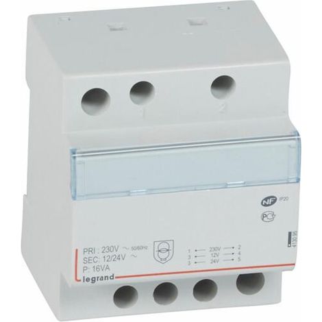 Transformateur de sécurité 230V vers 12V ou 24V - 16VA - 4 modules - 413095 - LEGRAND