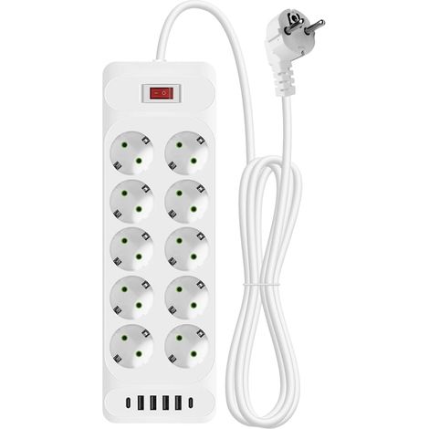 Multiprise avec USB C 2M, Bloc Multiprise 10 Prises avec USB C, Multiprise 10 Prises avec Protection Contre Les Surtensions, Bloc Prise avec Interrupteur pour Maison (1/5)