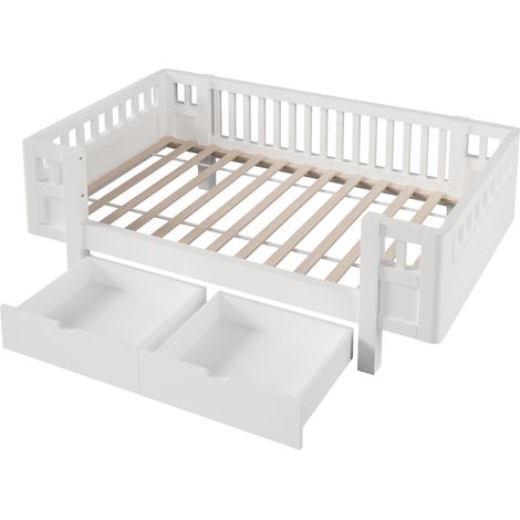 Cama plataforma 90 x 200 cm con barrera de seguridad y 2 cajones grandes, blanco (1/5)