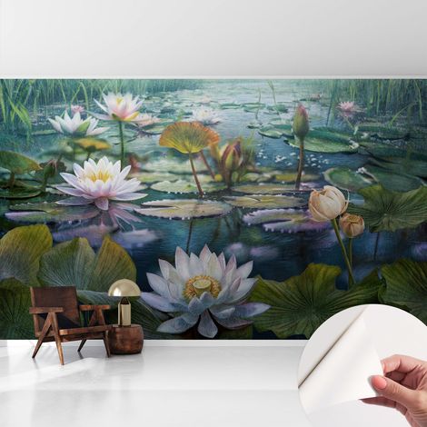 Tapete adhésive moderne pour salon et chambre à coucher Décoration rapide avec colle Fleurs de l'étang 416x254 cm (1/5)