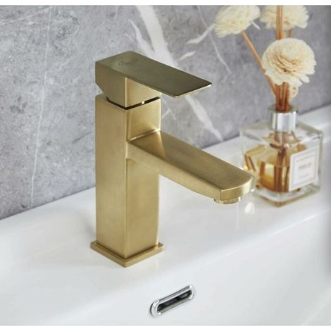 Mitigeur lavabo doré brossé, robinetterie salle de bain en inox SUS 304, flexible inclus, finition brossée élégante, 1 pièce. (1/4)