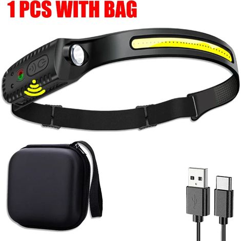 (1 pièce avec sac) Lampe frontale LED rechargeable USB avec capteur XPE+COB, lampe torche LED pour le camping, la recherche et la pêche. (1/5)