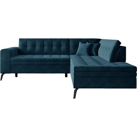 Canapé d'angle convertible velours LARRY - Pieds acier noir angle droit-Bleu pétrole-angle droit (1/5)