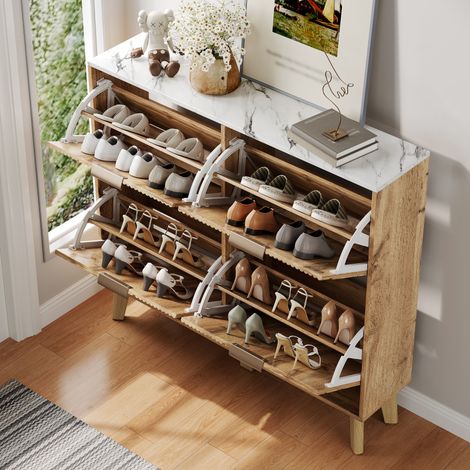 Schuhschrank aus MDF in Natur, 4 Klapptüren, Oberplatte in Marmoroptik, platzsparend 105 x 24 x 95,5 cm