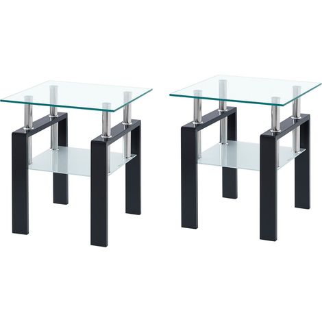 Table d'appoint de canapé lot 2 pièces verre trempé transparent, pieds noirs, table basse salon 45x45x52cm (1/5)