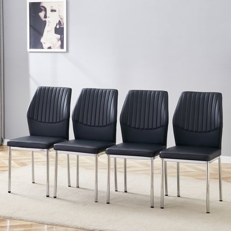 [Lot de 4] Chaises de salle à manger élégantes au style léger luxe: dossier noir en PU avec relief vertical + pieds métalliques argentés. Adaptées à la salle à manger ou au salon, au design léger luxe (1/5)