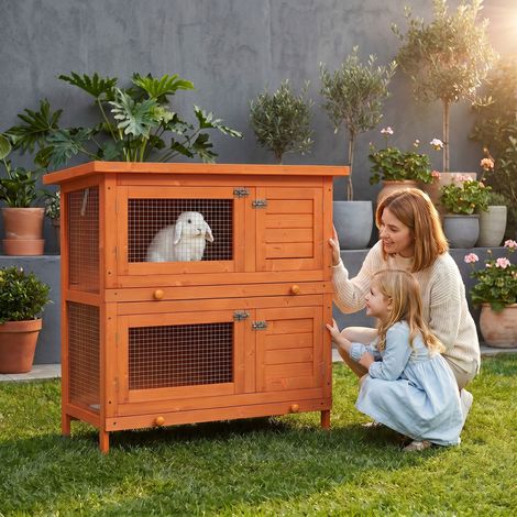 Clapier à lapin cage à lapin double niveau plateaux coulissants 4 portes verrouillables toit ouvrant 90L x 45l x 90H cm (1/5)