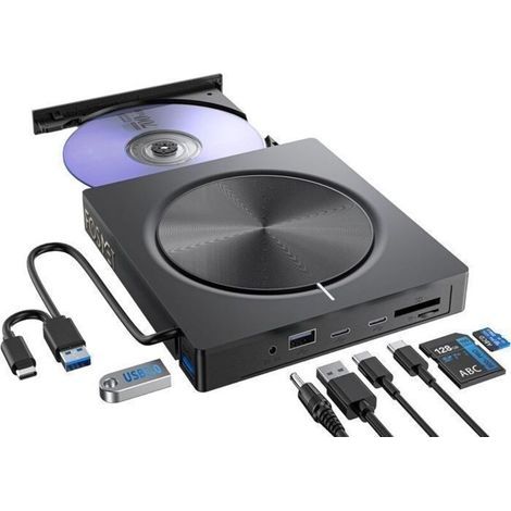 Lecteur graveur CD/DVD externe USB 3.0 et USB-C – 2 ports USB-A, 2 ports USB-C, fente SD/TF – Compatible Windows/MacOS (1/5)