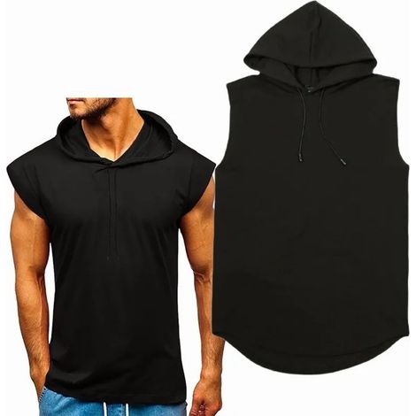 Débardeur homme fitness - Hoodie sans manches sport respirant en polyester noir (1/5)