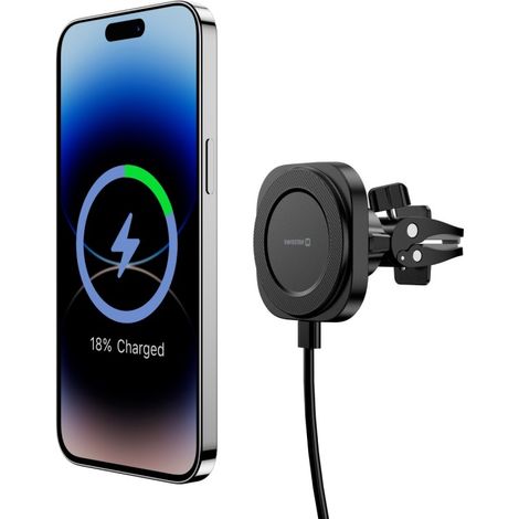 Swissten Magstick - Soporte magnético para Coche con Carga inalámbrica Compatible con MagSafe - 15 W/7,5 W de Alta Potencia y Cable extraíble
