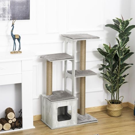 Árbol Rascador para Gatos 67x38,5x114 cm Torre de Escalada de Gatos con Cueva de Madera Múltiples Plataformas y Postes de Rascar de Yute Juego y Descanso Gris (1/5)