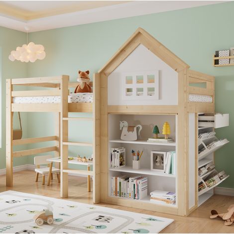 Letto a soppalco bambini 90x200 cm con 3 cassetti, gradini stabili, bianco/naturale DESVIAE (1/5)