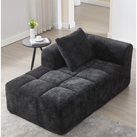 Divano chaise longue in chenille nera 158 x 90 x 60 cm con tasche laterali e cuscino (1/5)