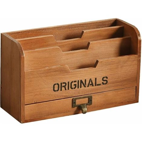 Organisateur de Bureau - Boîte de Rangement à Plusieurs Niveaux avec Tiroir - Support pour Courrier et Accessoires - En Bois - 1 Pièce (1/5)