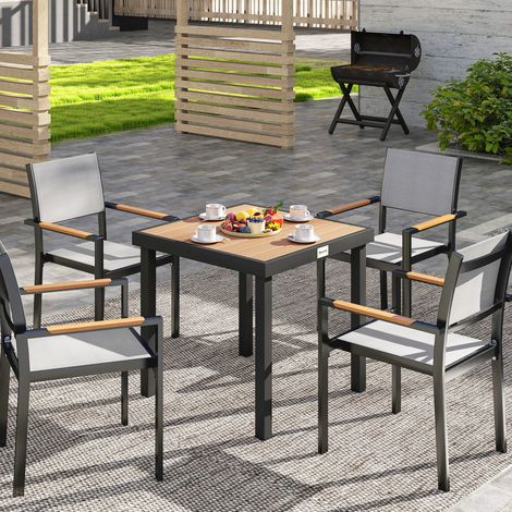 Mesa de comedor de jardín para 4 personas, fabricada en aluminio, 78 x 78 x 74 cm, color imitación madera natural.