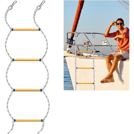 Échelle de corde de bateau en résine, échelle d'embarquement pour yacht et jet-ski, corde blanche à points bleus, 4 marches, 1,4 m (1/5)