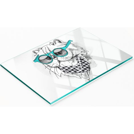 Vassoio da cucina in vetro con grafica di un gatto con gli occhiali, 80x52 cm. (1/5)