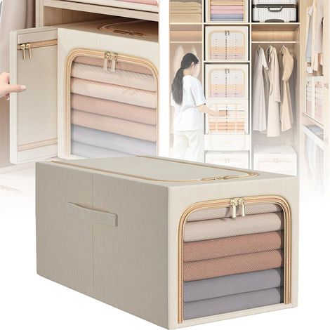 Boîte de rangement pour vêtements, capacité : 31 L/ 50 L/ 56 L, fermetures éclair bidirectionnelles (2 pièces) + fenêtre de visualisation (facile à retirer), sangle renforcée, pour couvertures, beige (1/5)