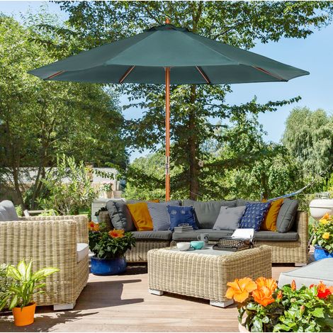 Ombrellone da giardino con manovella, struttura in legno, tessuto in poliestere, verde scuro (1/5)