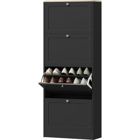 Schuhschrank für 24 Paar Schuhe, mit 4 Klappschubladen, verstellbaren Einlegeböden, 60 x 23,5 x 151 cm, schwarz