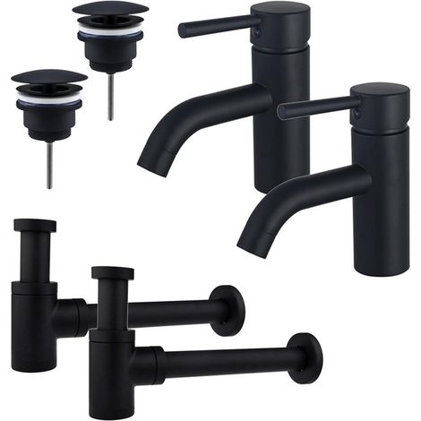 FugaFlow Eccelente Sobrado Kit robinet lavabo - pour double vasque - robinet bas - bonde non-obturable - siphon design bas - Noir mat (1/4)