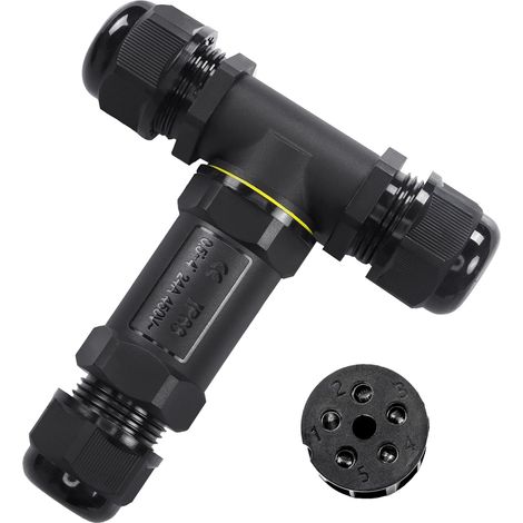 Boîte de jonction étanche pour extérieur Connecteur de câble électrique, 3 voies 5 broches pour gamme de fils de Ø5 à 10 mm (AC 450 V, 24 A) Boîtes de cordon externes (forme en T - 5 (1/5)