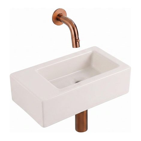 QeramiQ Fuente Lavabo pour WC - 38x18.5x9 cm - ceramique - sans trou de robinet de Lavabo pour WC - robinet de Lavabo pour WC cuivre brosse - siphon (1/5)