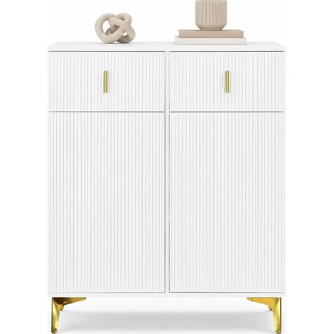 Garde-robe d'entrée avec banc à chaussures, 2 tiroirs, 2 portes, patères dorées et coussin rembourré, meuble compact blanc pour couloir et salon, CHICFURN (1/5)